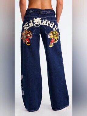 Ed Hardy Navy Jeans with Tiger & Leopard Back Graphics